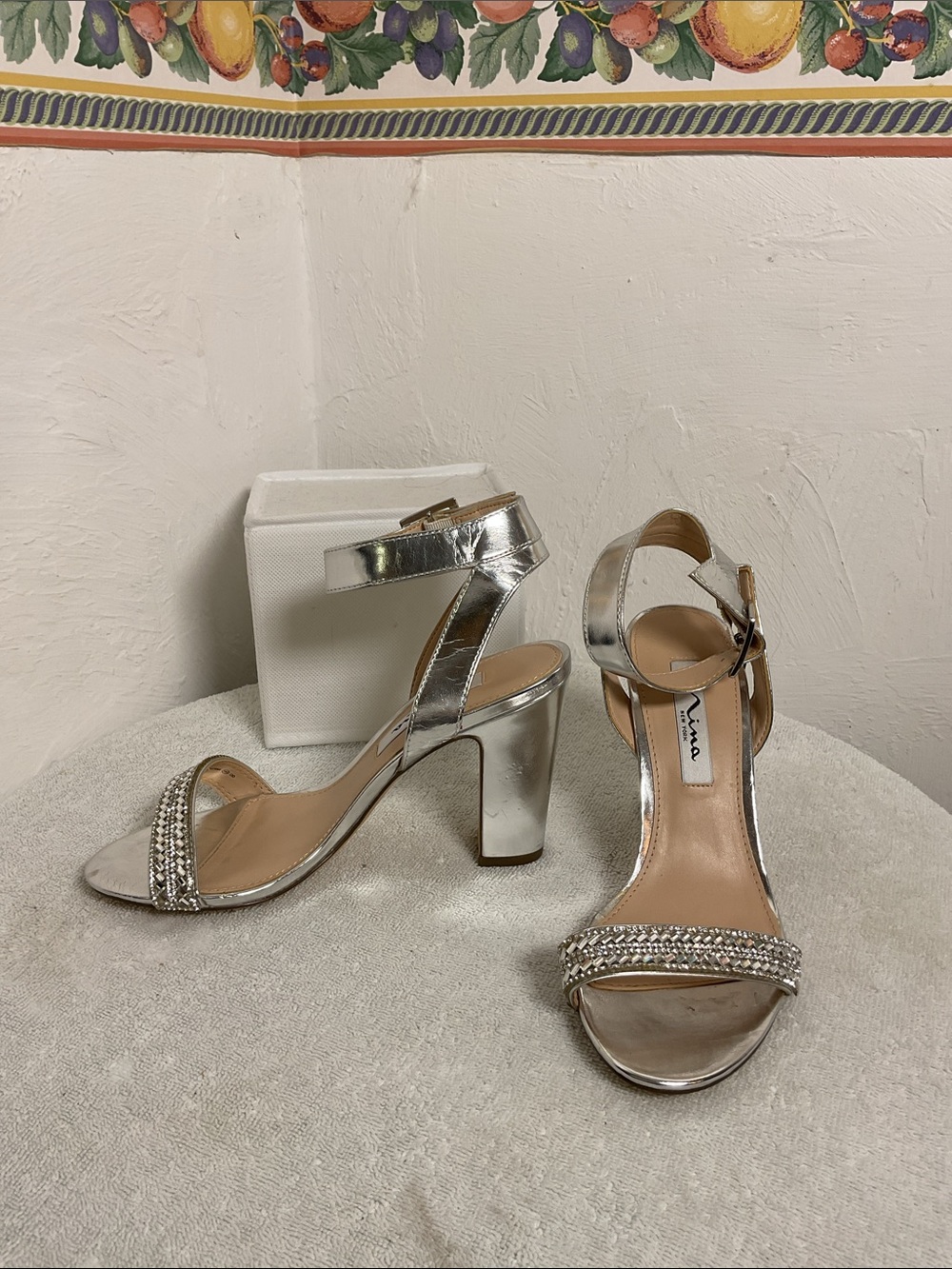 Nina Silver Metallic Rhinestone Ankle Strap Block Heel Sandals Size 7M